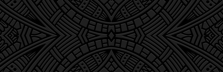 Banner, modern cover design. Dynamic geometric ethnic 3d pattern on black background, embossed decorative texture. Vector graphics for business background, magazine layout, brochure, booklet, flyer.