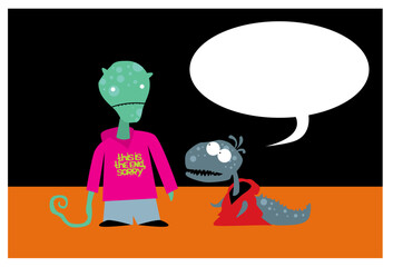 Conversation of two strange monsters from an unknown world. Vector image for prints, poster and illustrations.