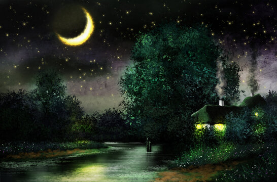 Oil paintings rural landscape, night landscape, night in the woods