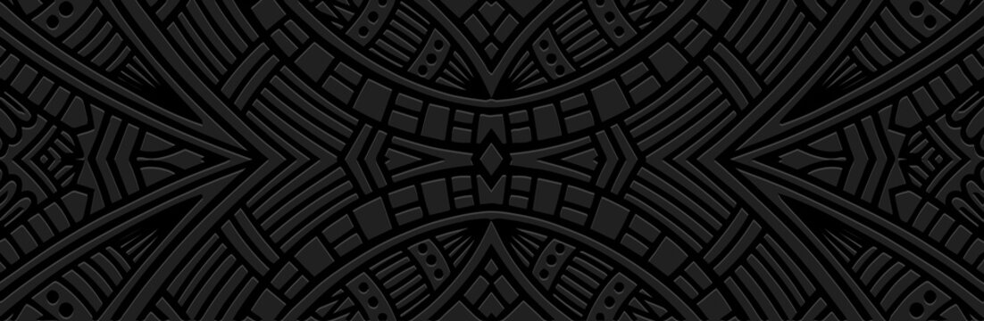 Banner, modern cover design. Dynamic geometric ethnic 3d pattern on black background, embossed decorative texture. Vector graphics for business background, magazine layout, brochure, booklet, flyer.