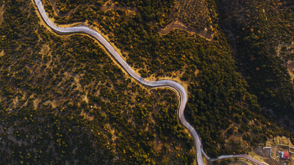 Top view of a bending single lane road among bushes.