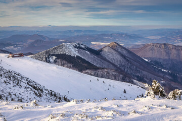 Fototapeta na wymiar Landscape of winter snowy mountains. The Mala Fatra national park in Slovakia, Europe.