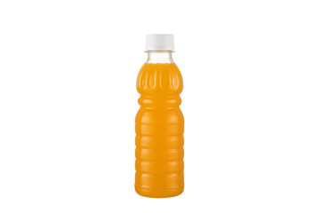 Plastic bottle of mango juice isolated on white background.
Plastic bottle with a white cap and...