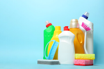 set of cleaning products on a colored background close-up with a place for text