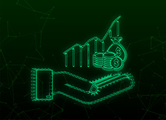 Plexus profit money or budget. Cash and rising graph arrow up in hands. Capital earnings, benefit. Vector stock illustration