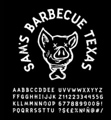 Vintage barbecue restaurant logo. Bbq Retro print with dead hog head grunge rustic illustration. Textured effect. Pig head badge and hand-drawn alphabet. Rustic roughen typeface.