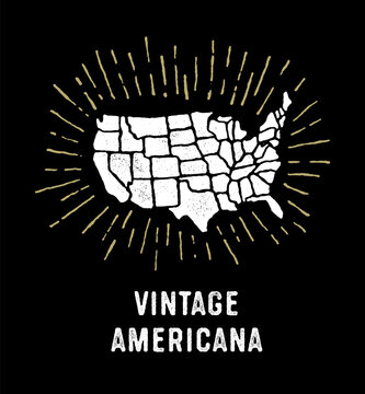 Vintage USA map. Retro textured Americana Poster. Old School American Design. United States line art silhouette. Grunge distressed aged effect