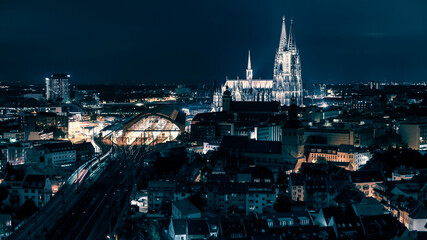 Skyline with Cologne Cathedral and central station at night