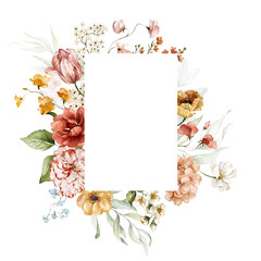 Watercolor square floral frame illustration - blush pink yellow green leaves branches wreath frame for wedding stationary, greetings, wallpapers, fashion, background. Eucalyptus, olive, green leaves.