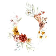 Watercolor round floral frame illustration - blush pink yellow green leaves branches wreath frame for wedding stationary, greetings, wallpapers, fashion, background. Eucalyptus, olive, green leaves. © Veris Studio