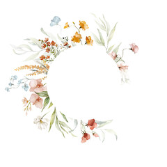 Watercolor round floral frame illustration - blush pink yellow green leaves branches wreath frame for wedding stationary, greetings, wallpapers, fashion, background. Eucalyptus, olive, green leaves.