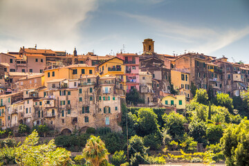 Fototapeta na wymiar Beautiful view of the old town of Ventimiglia Alta in Italy, Liguria. Ligurian Riviera, Province of Imperia