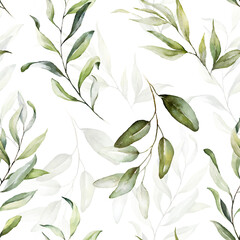 Naklejki  Seamless watercolor floral pattern - pink blush flowers elements, green leaves branches on white background  for wrappers, wallpapers, postcards, greeting cards, wedding invites, romantic events.