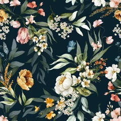 Wall murals Dark blue Seamless watercolor floral pattern - pink blush flowers elements, green leaves branches on dark black background  for wrappers, wallpapers, postcards, greeting cards, wedding invites, romantic events.