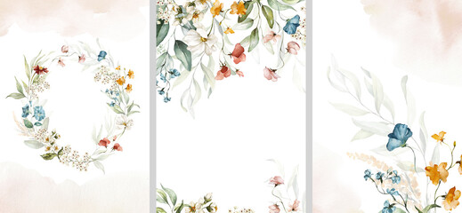 Watercolor floral illustration bouquet set collection green blush blue yellow pink frame, border, bouquet, wreath; wedding stationary, greetings, wallpaper, fashion, posters, background. Leaves, rose.