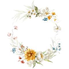 Watercolor round floral frame illustration - blush pink blue yellow green leaves branches wreath frame; wedding stationary, greetings, wallpapers, fashion, background. Eucalyptus, olive, green leaves.
