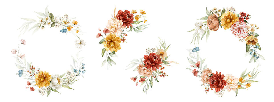 Watercolor floral illustration bouquet set - collection green blush blue yellow pink frame, border, wreath, frame; wedding stationary, greetings, wallpaper, fashion, posters, background. Leaves, rose.