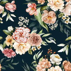 Seamless watercolor floral pattern - pink blush flowers elements, green leaves branches on dark black background; for wrappers, wallpapers, postcards, greeting cards, wedding invites, romantic events.