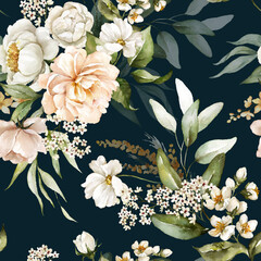 Naadloos waterverf bloemenpatroon - roze blos bloemenelementen, groene bladerentakken op donkere zwarte achtergrond  voor wrappers, wallpapers, ansichtkaarten, wenskaarten, huwelijksuitnodigingen, romantische evenementen.