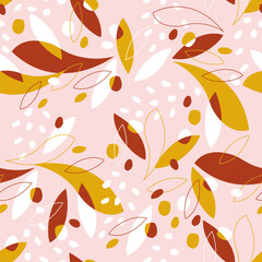 Foliage pattern seamless vector. Organic shapes of garden theme, tropical and cute flowers and leaves print. Colorful background, spring and summer collection, hand made texture. 