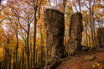 Rock formation “Adam & Eva” on the Ith Ridge in autumn, a well-known landmark on the Ith-Hils...