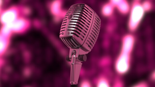 Metallic silver retro microphone under purple flash lighting background. Concept image of justice declaration, first stage, telecommute and remote-work. 3D CG. 3D illustration.