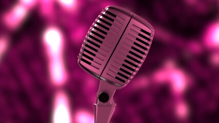 Fototapeta na wymiar Metallic silver retro microphone under purple flash lighting background. Concept image of justice declaration, first stage, telecommute and remote-work. 3D CG. 3D illustration.