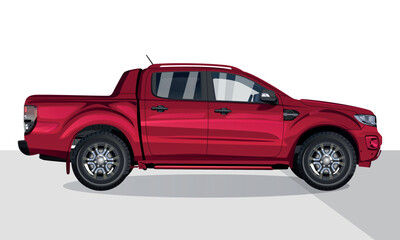 red pickup truck ,White background, Side View - obrazy, fototapety, plakaty