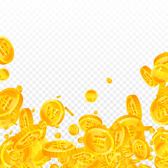 Korean won coins falling. Delicate scattered WON coins. Korea money. Fancy jackpot, wealth or success concept. Vector illustration.