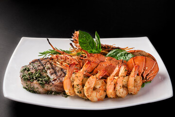 Surf and turf with meat, shrimp and octopus gourmet seafood