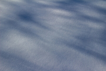 Full frame abstract texture background of fresh snow covered the ground with light wispy tree shadow designs