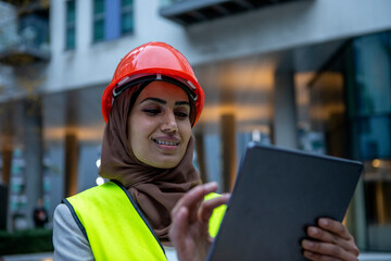 UK, London, Female engineer in hijab and hardhat using digital tablet
