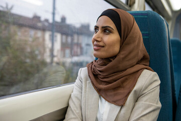 Smiling woman in hijab in commuter train