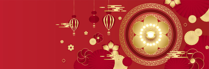 Chinese china red gold background. Chinese china new year 2022 year of the tiger red and gold flower and asian elements paper cut with craft style on background.