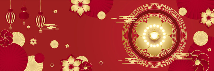 Chinese china red gold background. Chinese china new year 2022 year of the tiger red and gold flower and asian elements paper cut with craft style on background.