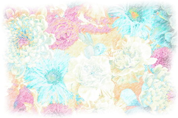Fototapeta na wymiar Chrysanthemums, gerberas, and carnations drawn with colored pencils.