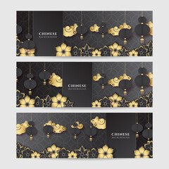 Fototapeta na wymiar Chinese new year 2022 year of the tiger black and gold flower and asian elements paper cut with craft style on background. Universal chinese background banner. Vector illustration