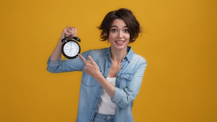 Impatient lady point bell fast hurry overtime isolated shine color background