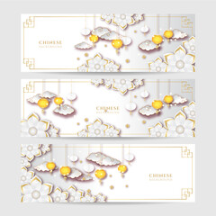 Chinese new year 2022 year of the tiger white and gold flower and asian elements paper cut with craft style on background. Universal chinese background banner. Vector illustration