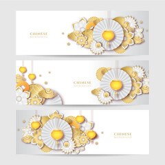 Chinese new year 2022 year of the tiger white and gold flower and asian elements paper cut with craft style on background. Universal chinese background banner. Vector illustration