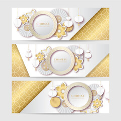 Chinese new year 2022 year of the tiger white and gold flower and asian elements paper cut with craft style on background. Universal chinese background banner. Vector illustration