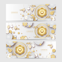 Obraz na płótnie Canvas Chinese new year 2022 year of the tiger white and gold flower and asian elements paper cut with craft style on background. Universal chinese background banner. Vector illustration