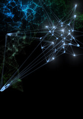 Plexus lines, dots and light beams with light points. Abstract technology, science and engineering background. Depth of field settings. 3D rendering