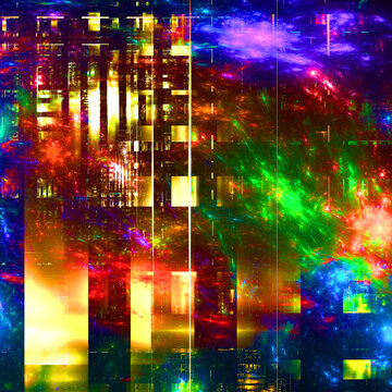 Imagen de arte psicodélico digital consistente en barras gruesas verticales atravesadas por nubes de colores llamativos con apariencia der la construcción de una estructura alienígena en la galaxia.