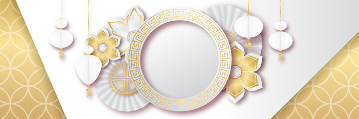 Chinese new year 2022 year of the tiger white and gold flower and asian elements paper cut with craft style on background. Universal chinese background banner. Vector illustration © Salman