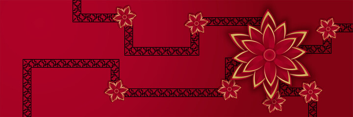 Chinese new year 2022 year of the tiger red and gold flower and asian elements paper cut with craft style on background. Universal chinese background banner. Vector illustration