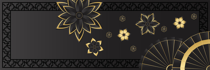 Chinese china new year 2022 year of the tiger black and gold flower and asian elements paper cut with craft style on background. Universal chinese china background banner. Vector illustration