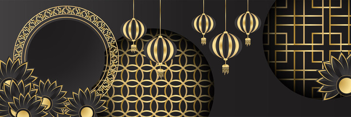Chinese china new year 2022 year of the tiger black and gold flower and asian elements paper cut with craft style on background. Universal chinese china background banner. Vector illustration