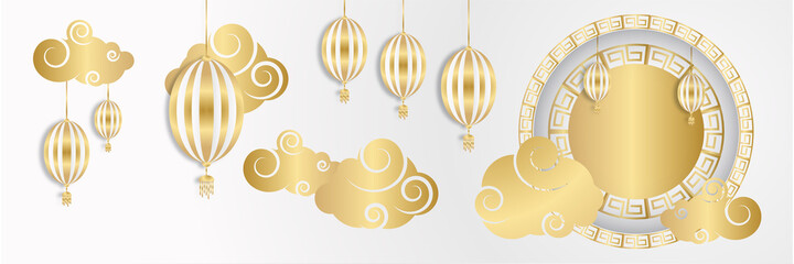Chinese china new year 2022 year of the tiger white and gold flower and asian elements paper cut with craft style on background. Universal chinese china background banner. Vector illustration