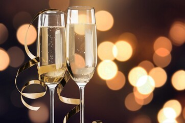 Two champagne glasses with and gold glitter splash bokeh on dark background. Luxury restaurant dinner celebration.